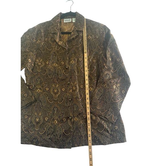 Chicos Size 1 Vintage Brown Gold Metallic Paisley Button Jacket Old Money #5632 - Picture 7 of 12